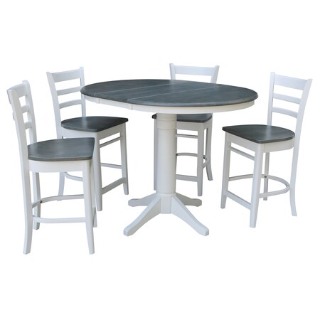 International Concepts Round 36 in Rd Extend Dining Table, 4 Emily Stools, White/Heather Gray, 36 W, 48 L, 36.1 in H, Wood K05-36RXT-27B-S6172-4